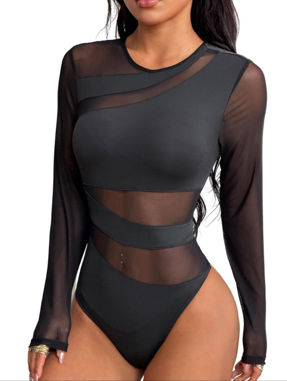 Milumia Long Sleeve Mesh Bodysuit Black Size L - Picture 2 of 15